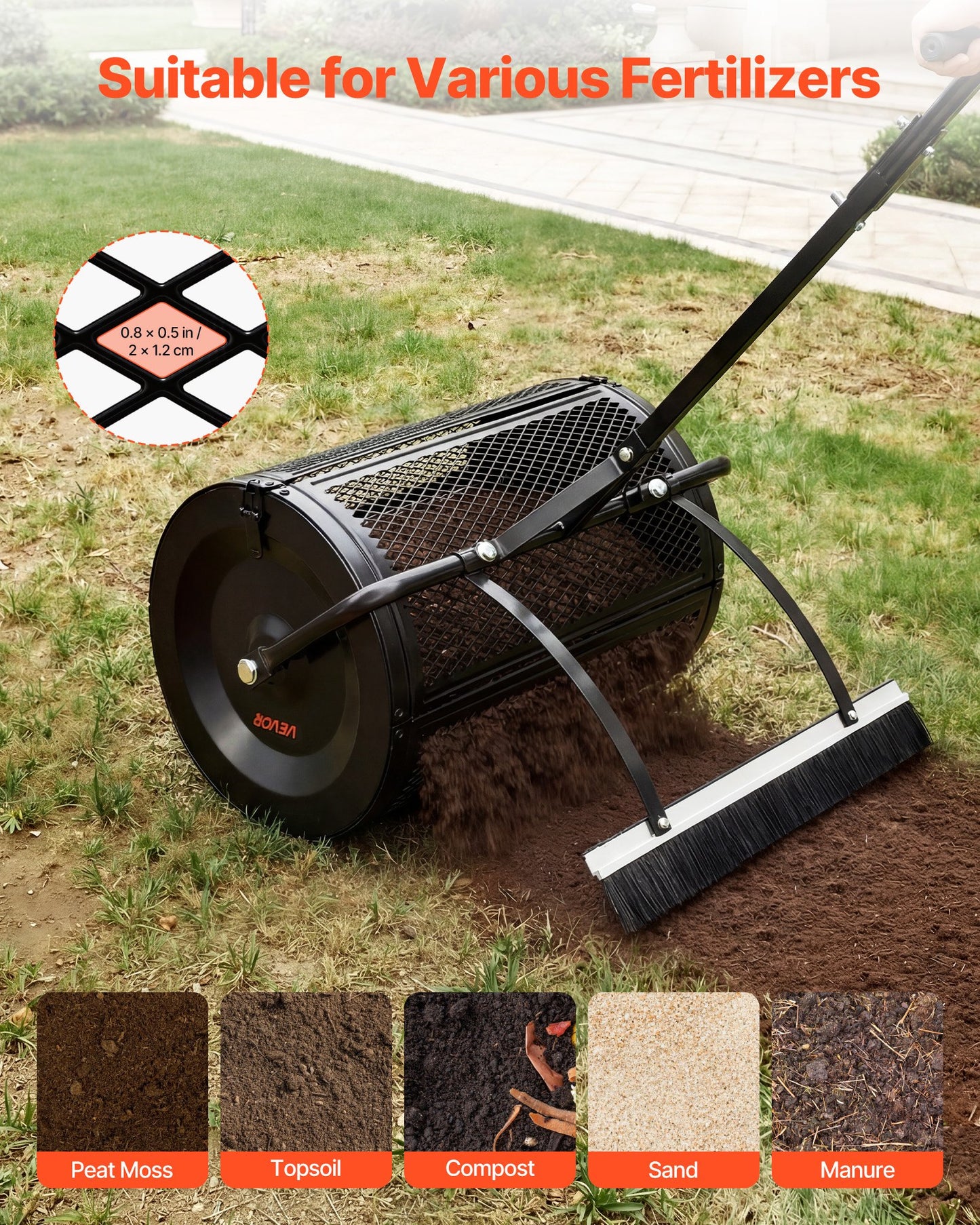 Garden Compost Spreader 24 Inch Wide Tow & Push Handle for Lawn Fertilizer