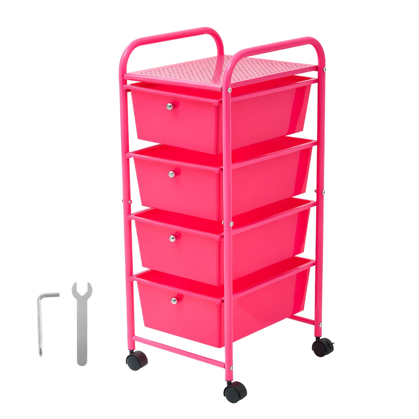 Rolling Cart with Drawers - 4 Drawer Storage Organizer on Steel Frame, Mobile Utility Cart with Casters and Brakes, for Office, Classroom, Garage, Rose Red