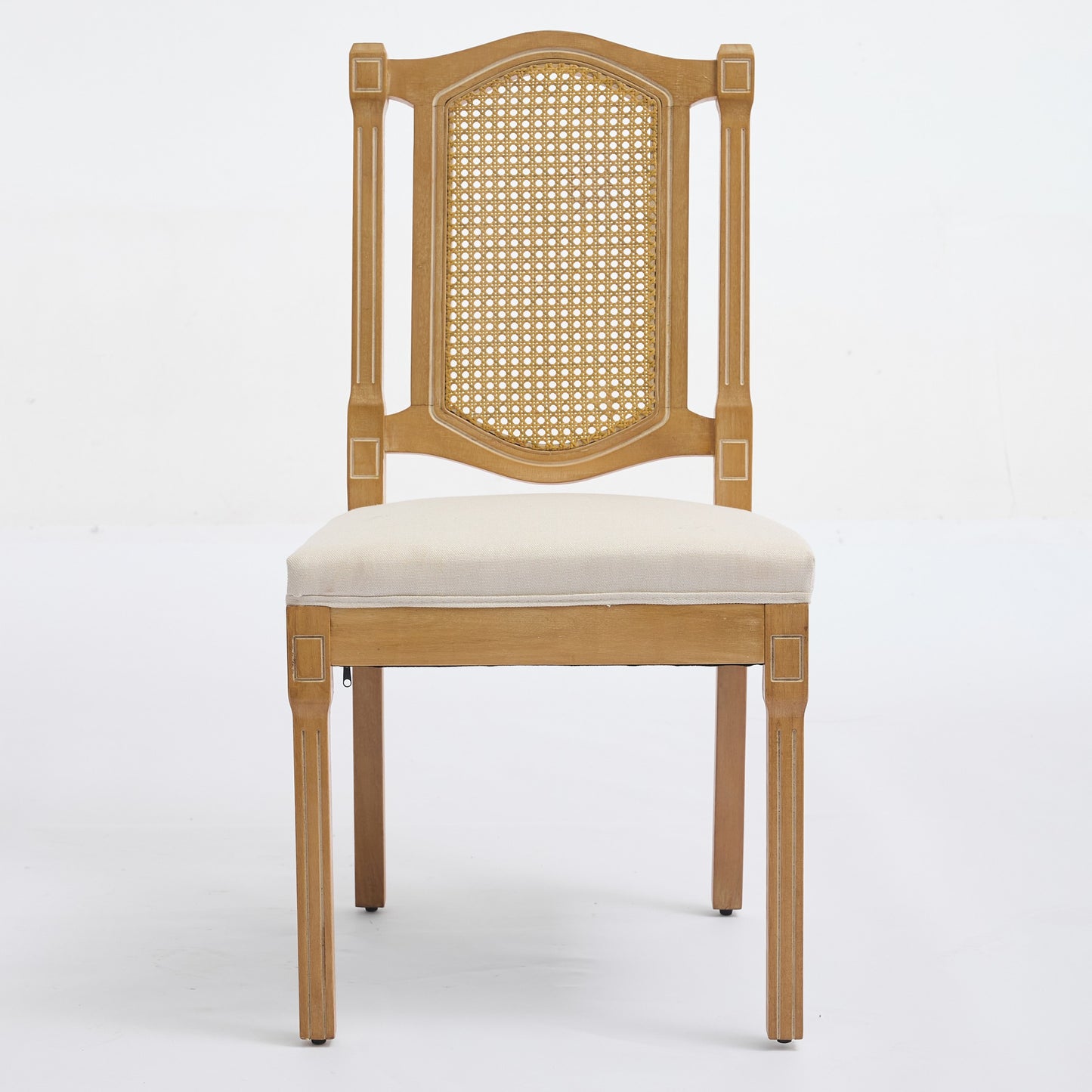 Solid Wood Rattan-Back Dining Chair with Linen Cushion - Beige