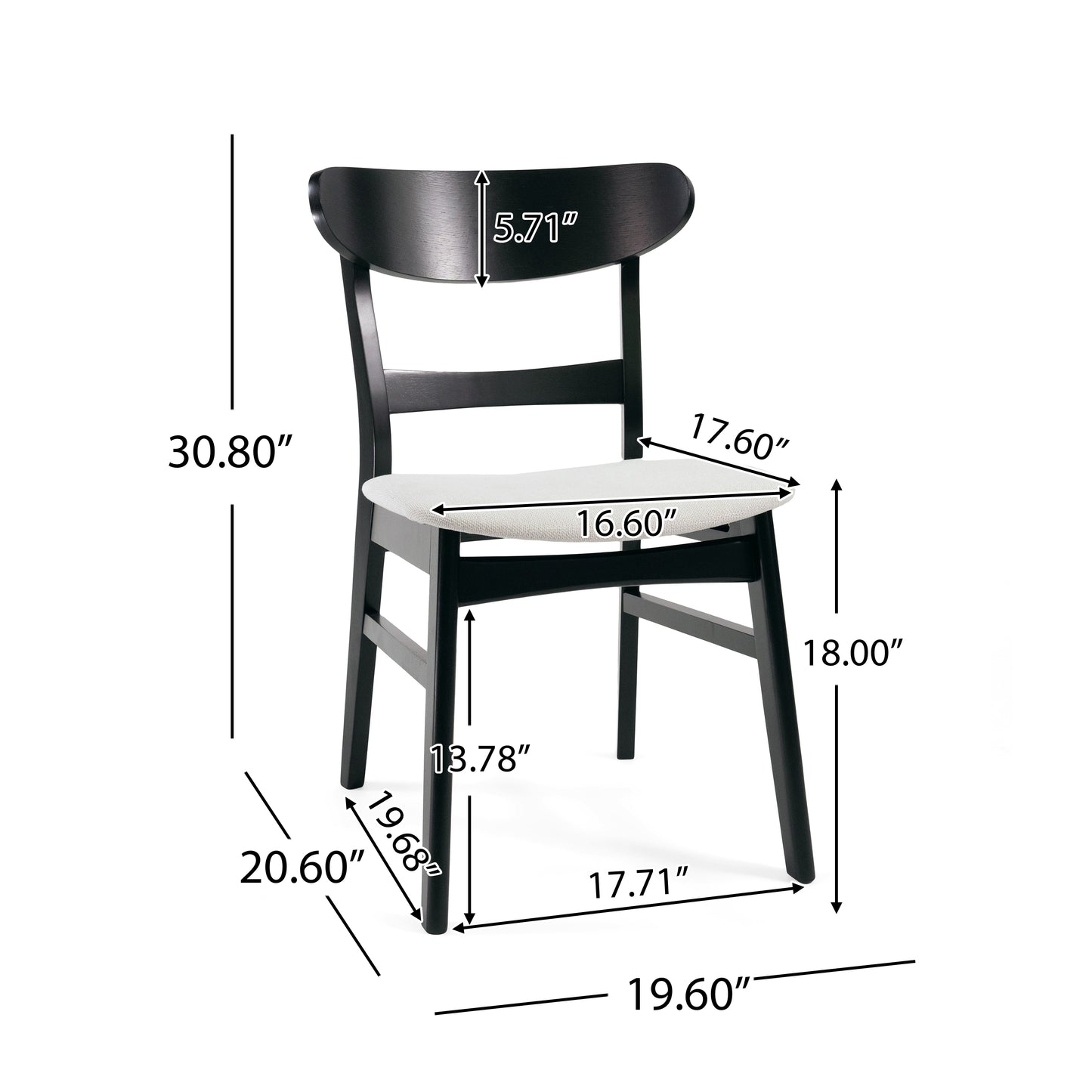 Set of 2 Upholstered Dining Chairs - Rubberwood Legs, Black & Light Beige