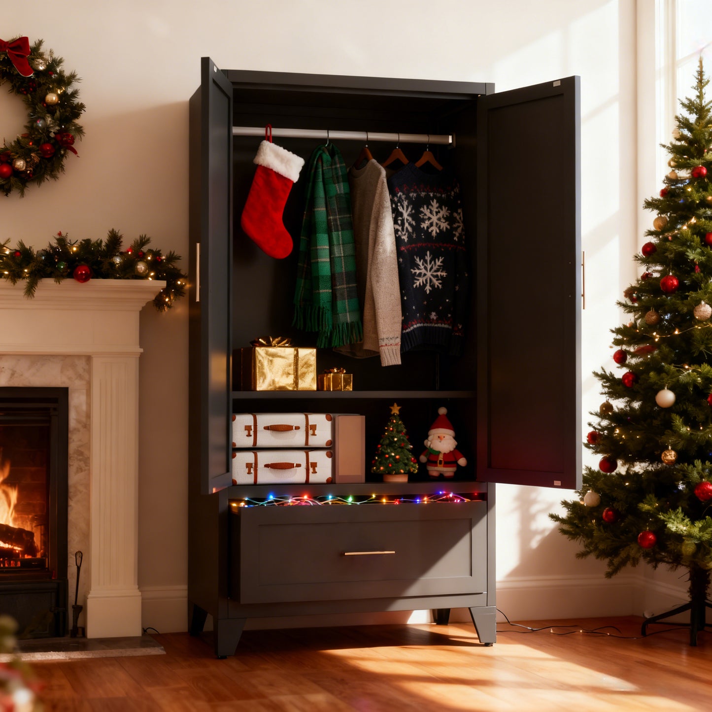 60-Inch Tall Metal Wardrobe Cabinet with Drawer and Shelf - Black