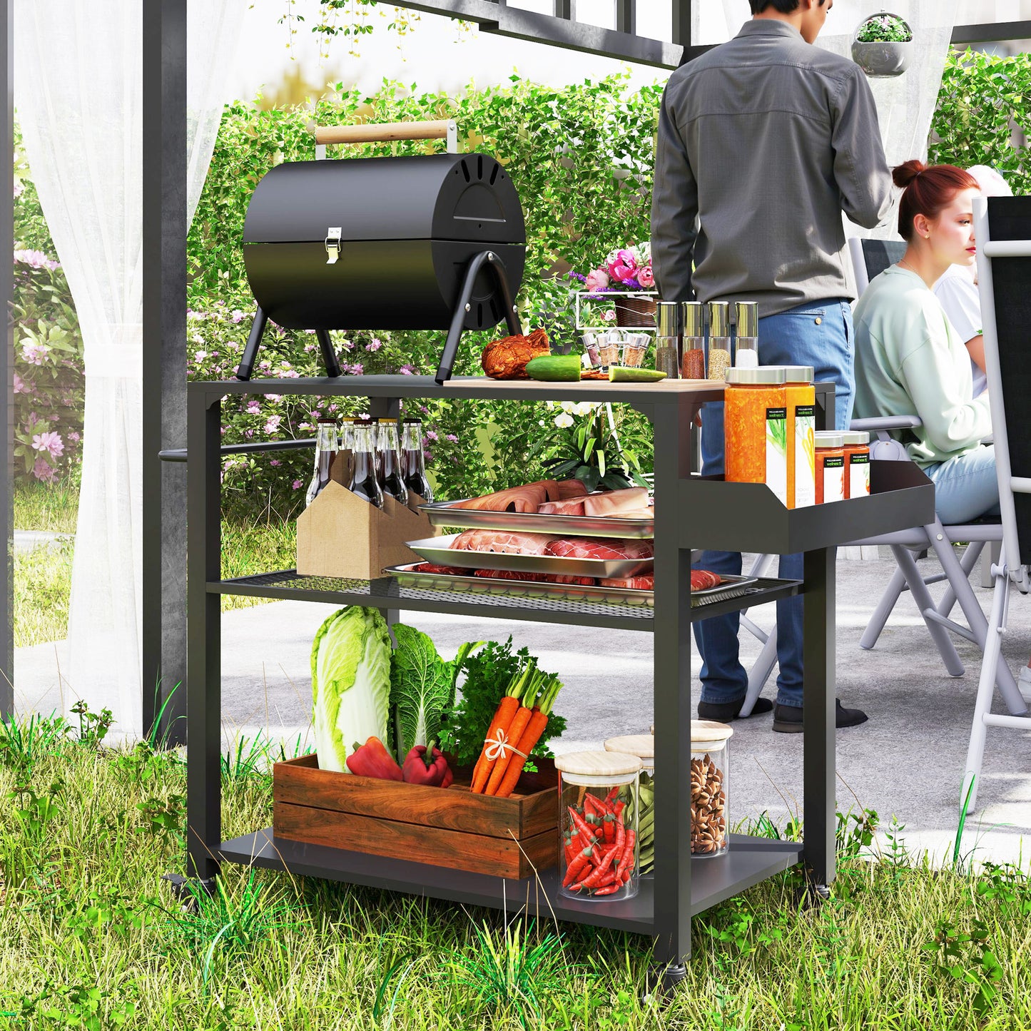 Outdoor Grill Cart with Storage Racks & Wheels - Black