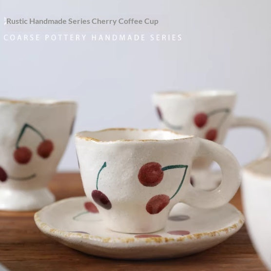 Japanese Style Stoneware Cherry Coffee Cup and Saucer - Vintage Drinkware