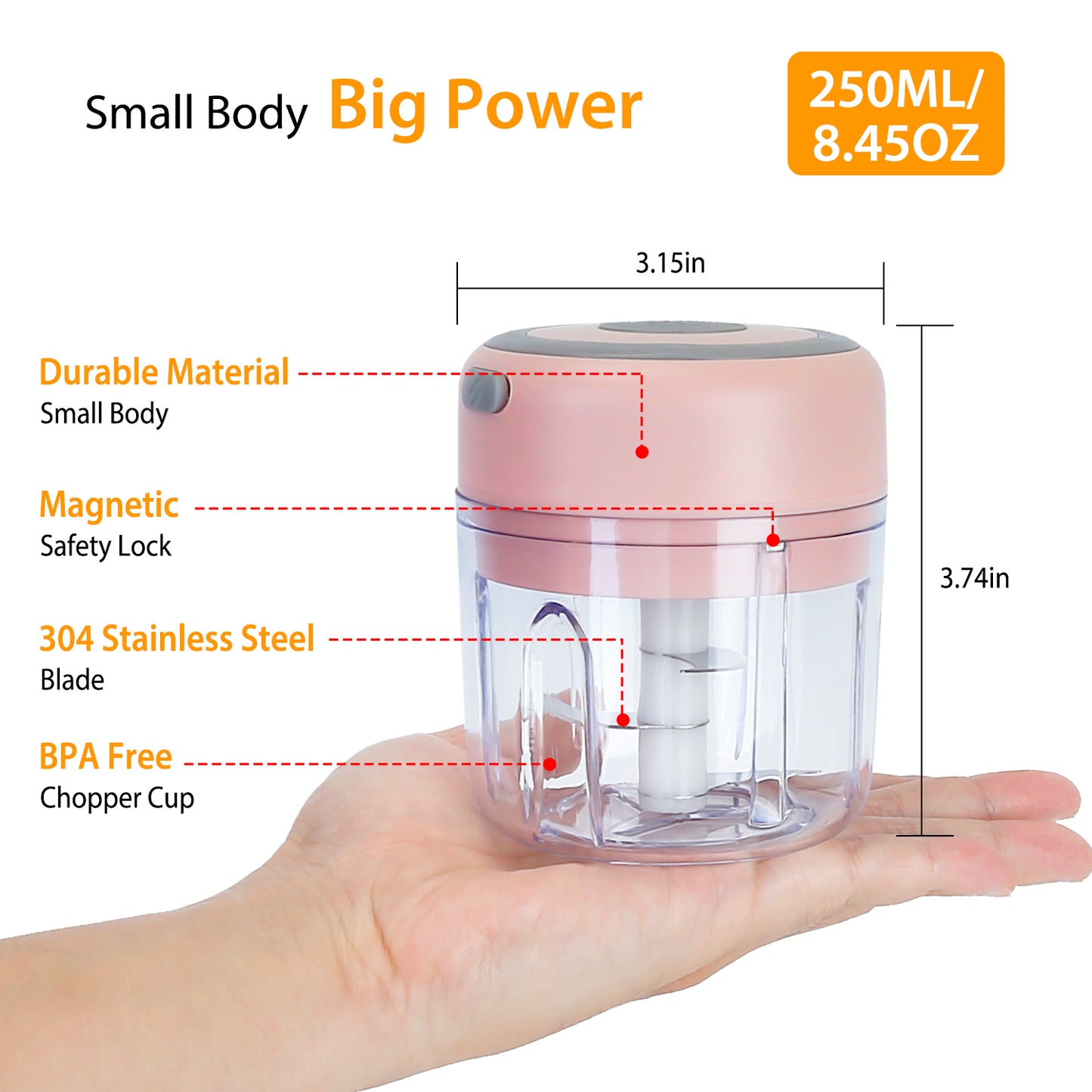 Mini Electric Garlic Chopper - Cordless 8.45OZ Food Processor