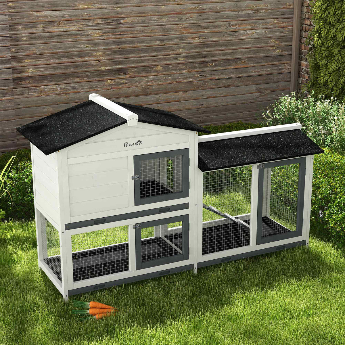 62-Inch Wooden Rabbit Hutch with Run, Removable Tray & Lockable Doors
