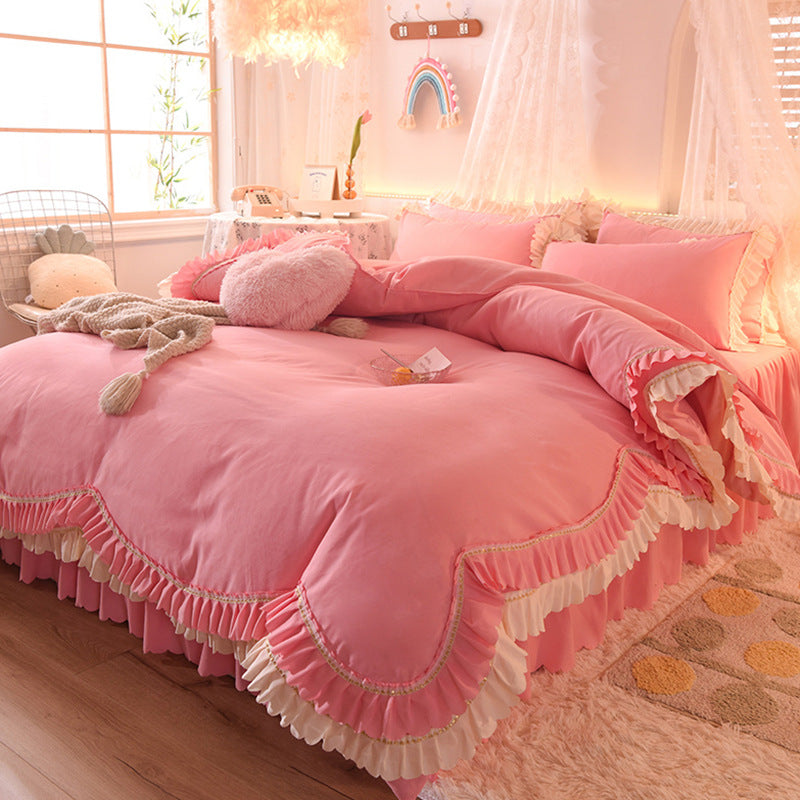 Luxury Four-Piece Lotus Leaf Lace Bed Sheet Duvet Cover Set with Bed Skirt