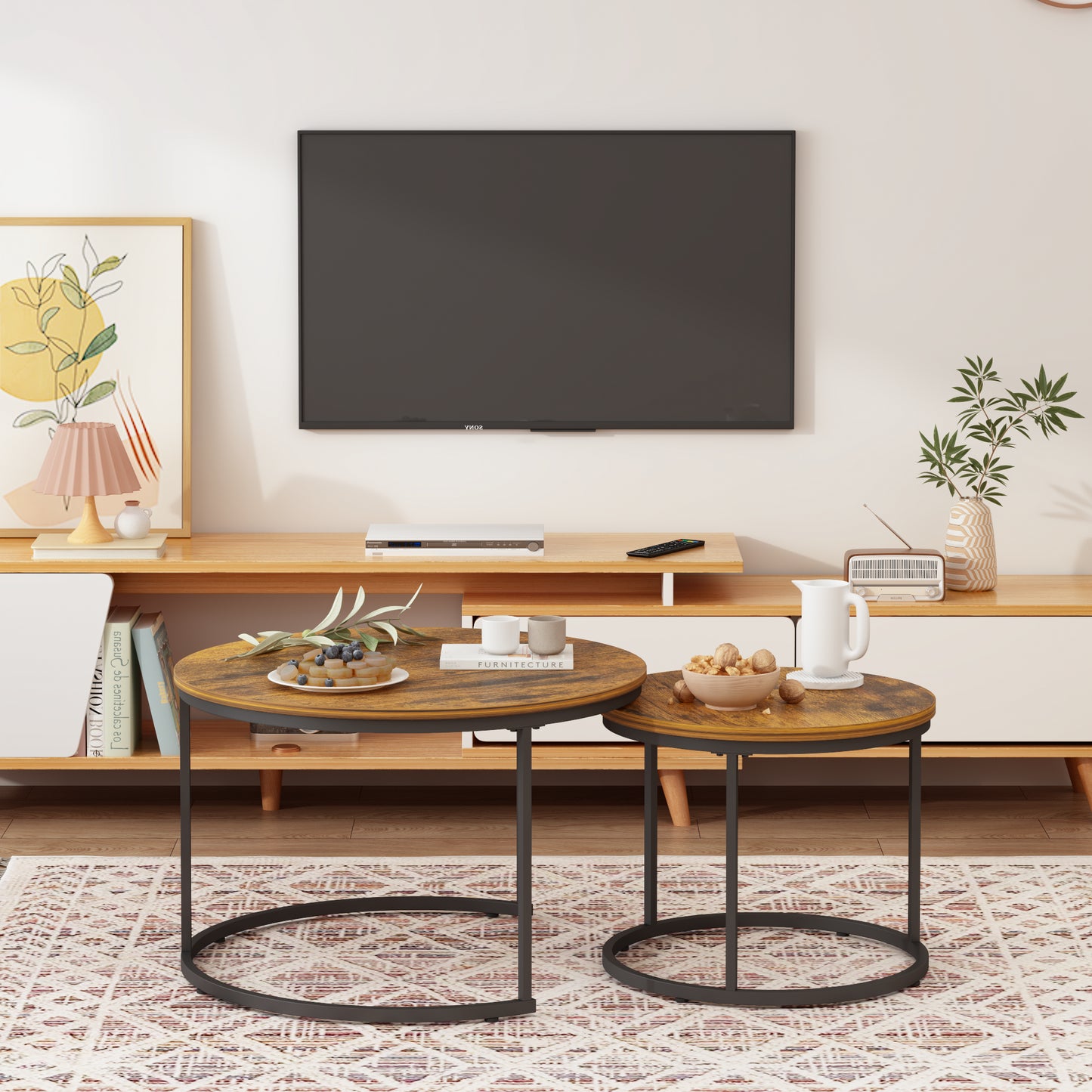 Nesting Coffee Table Set of 2 - Round Wood & Metal, Rustic Brown