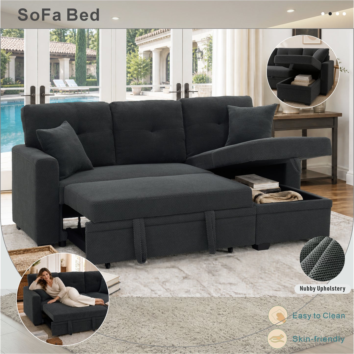 Reversible Chaise Sleeper Sofa Bed - Dark Gray, L-Shaped Sectional