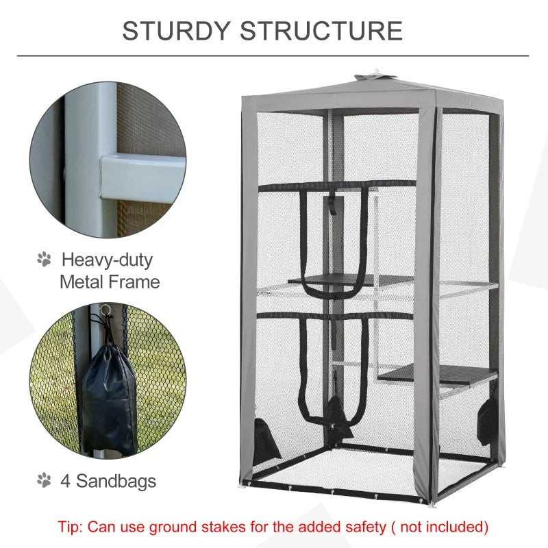 Outdoor Cat Enclosure Mesh Playpen with Steel Frame, 3 Platforms & 2 Doors