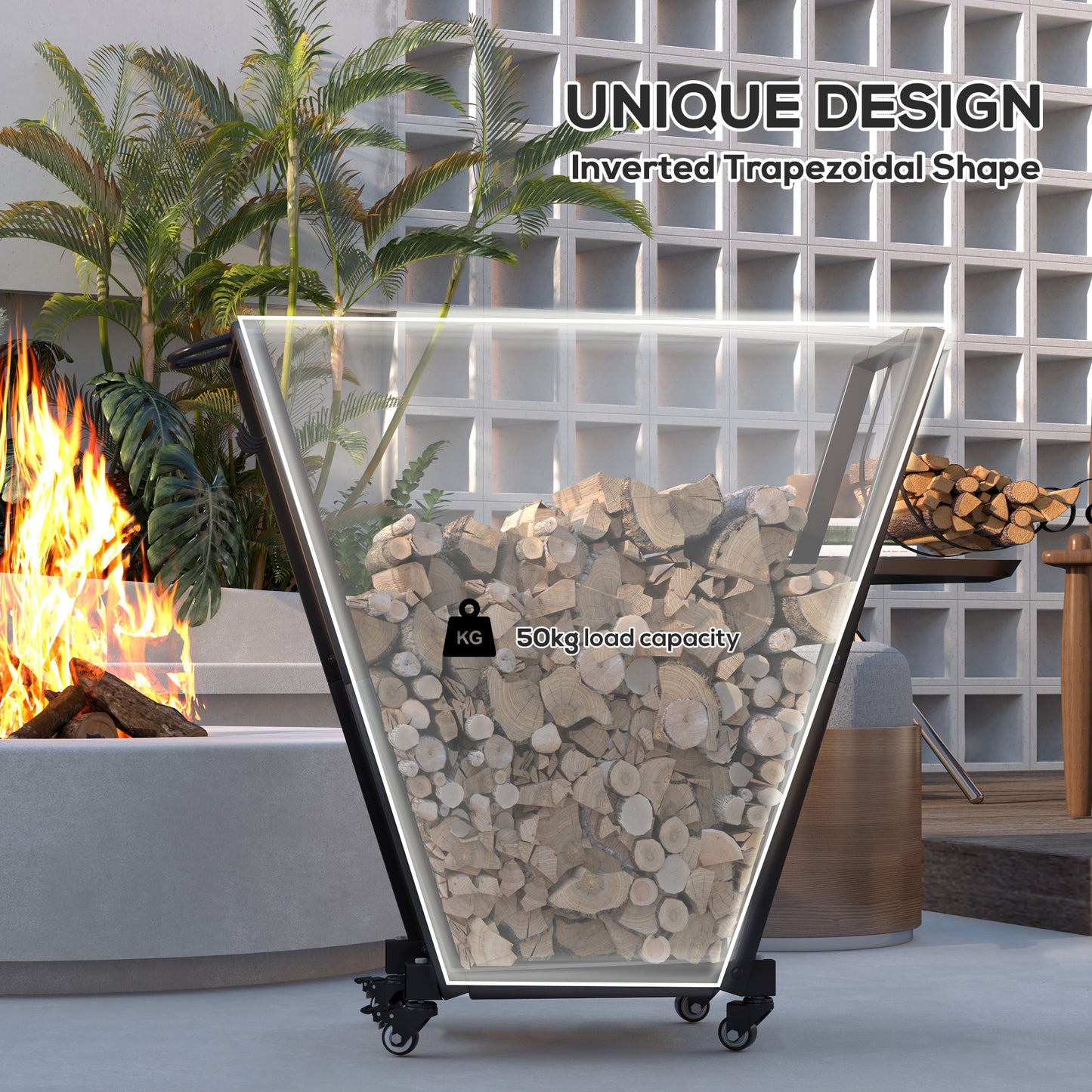 Firewood Rack with Wheels - Metal Log Holder with Kindling & Tool Hooks, Indoor/Outdoor, 31.1 x 11.8 x 31.9 Inches, Black