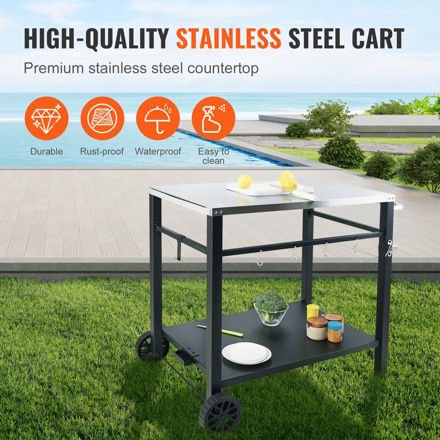 Portable BBQ Dining Cart with Double Shelf - Stainless Steel