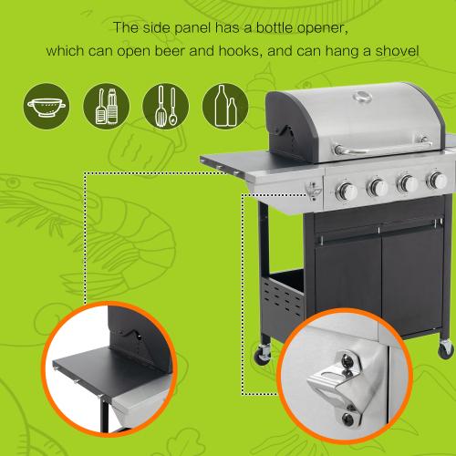 Stainless Steel Propane Gas Grill with Side Burners - Black