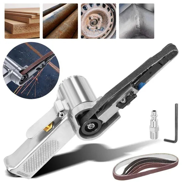10mm Pneumatic Belt Sander - Handheld Air-Powered Grinder Polisher with 5 Belts