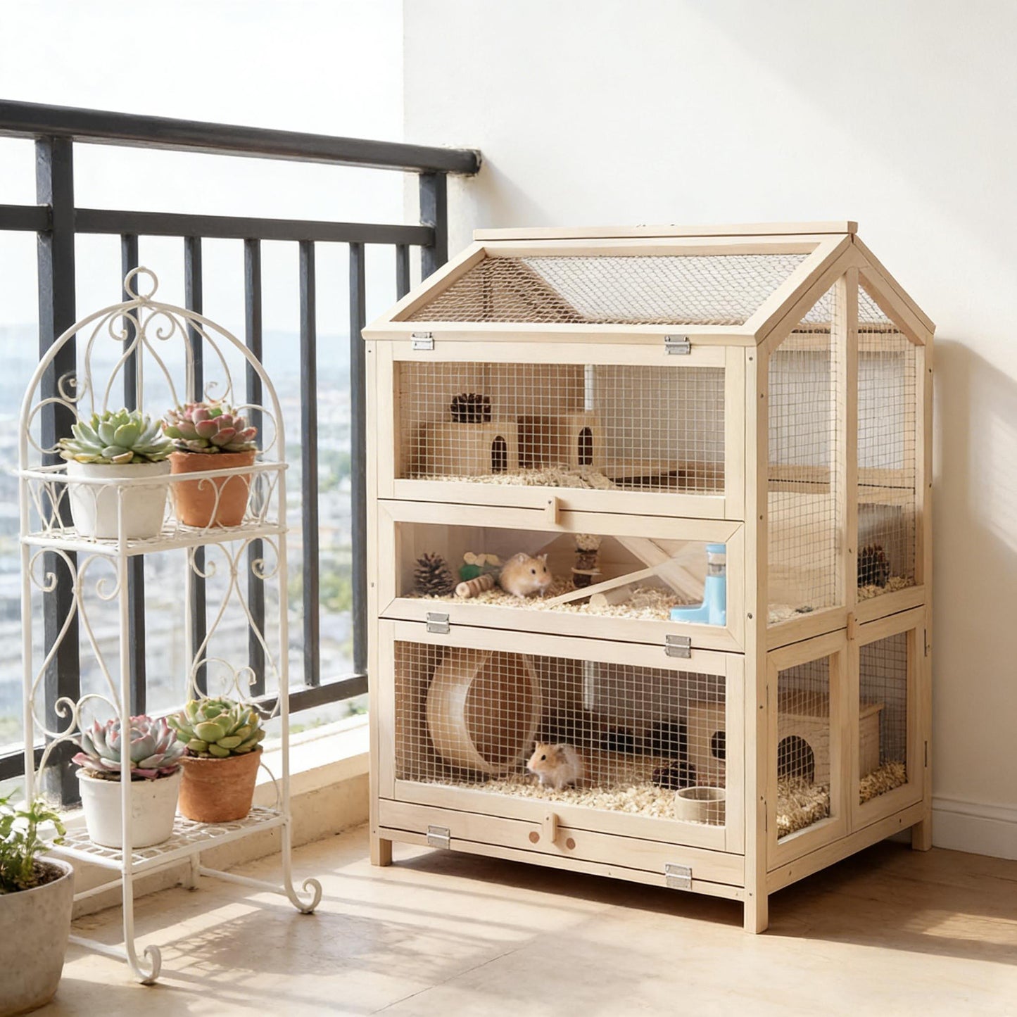 3-Tier Hamster Cage - Wooden Small Animal Habitat with Clear Panels