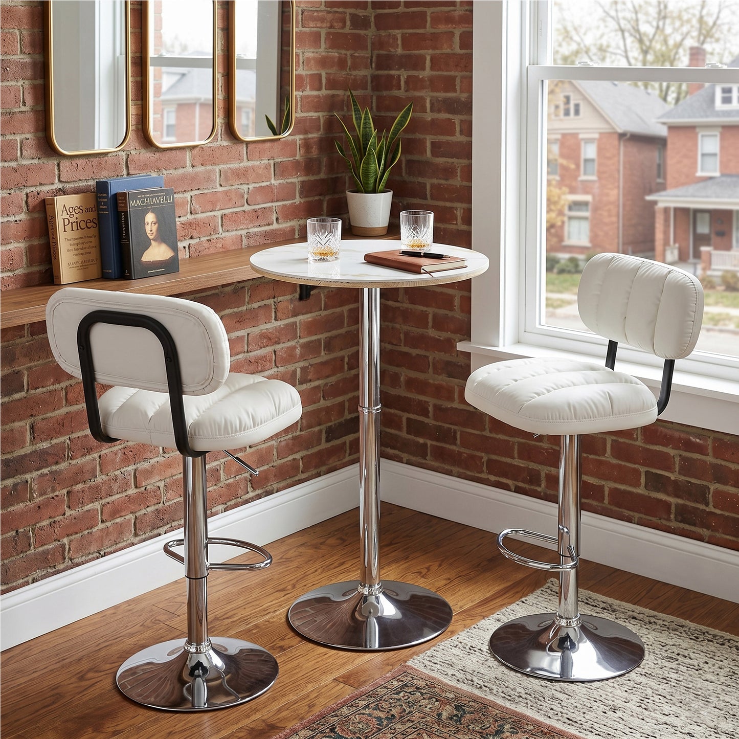 Set of 2 Adjustable Height Bar Stools - White PU Leather