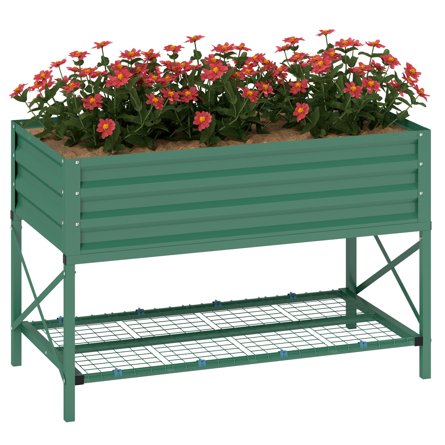 Galvanized Metal Raised Garden Bed with Legs and Storage Shelf - Green, 1180x360x95mm