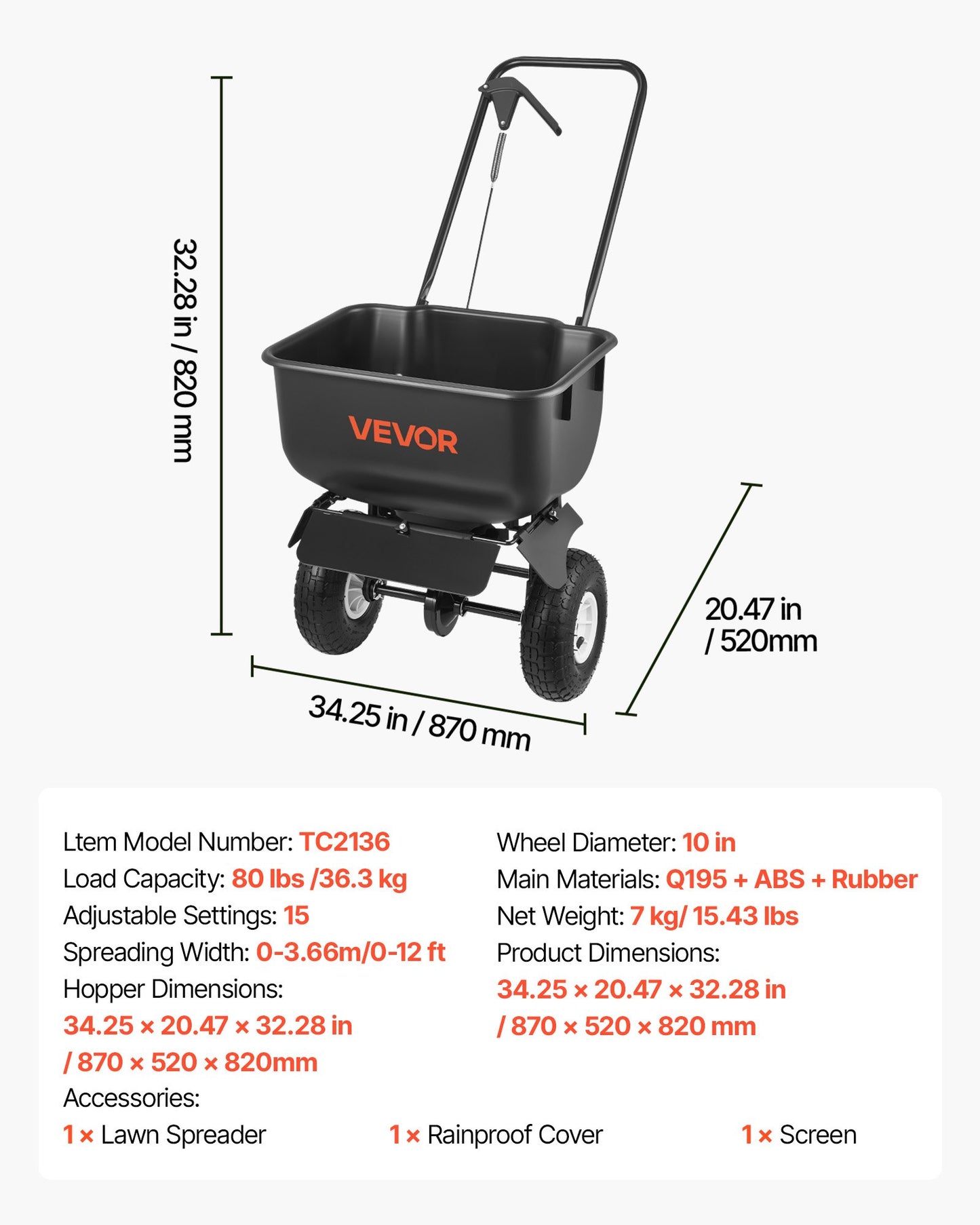 Push Lawn Spreader with 12ft Width, 80lb Capacity & All-Terrain Tires