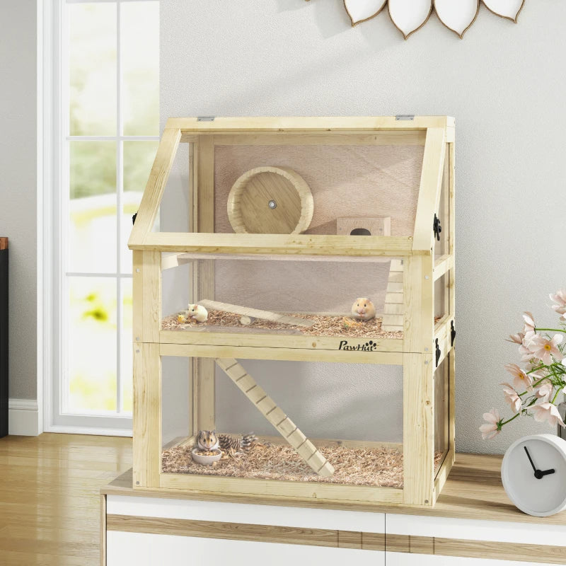 3 Tier Wooden Hamster Cage with Detachable Bottom, Hut, Seesaw, Ramps & Exercise Wheel