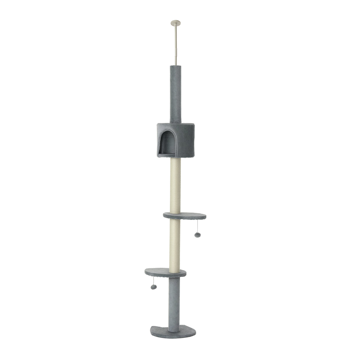 Height-Adjustable Floor-to-Ceiling Cat Tree with Scratching Posts & Toys - Light Grey