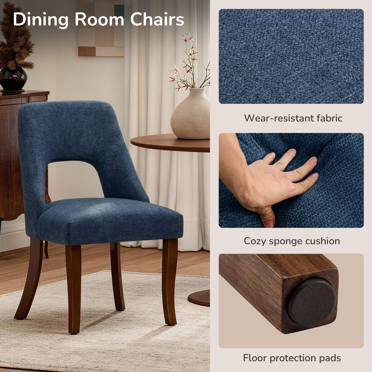 Upholstered Dining Chair Set of 2 - Navy Chenille Fabric