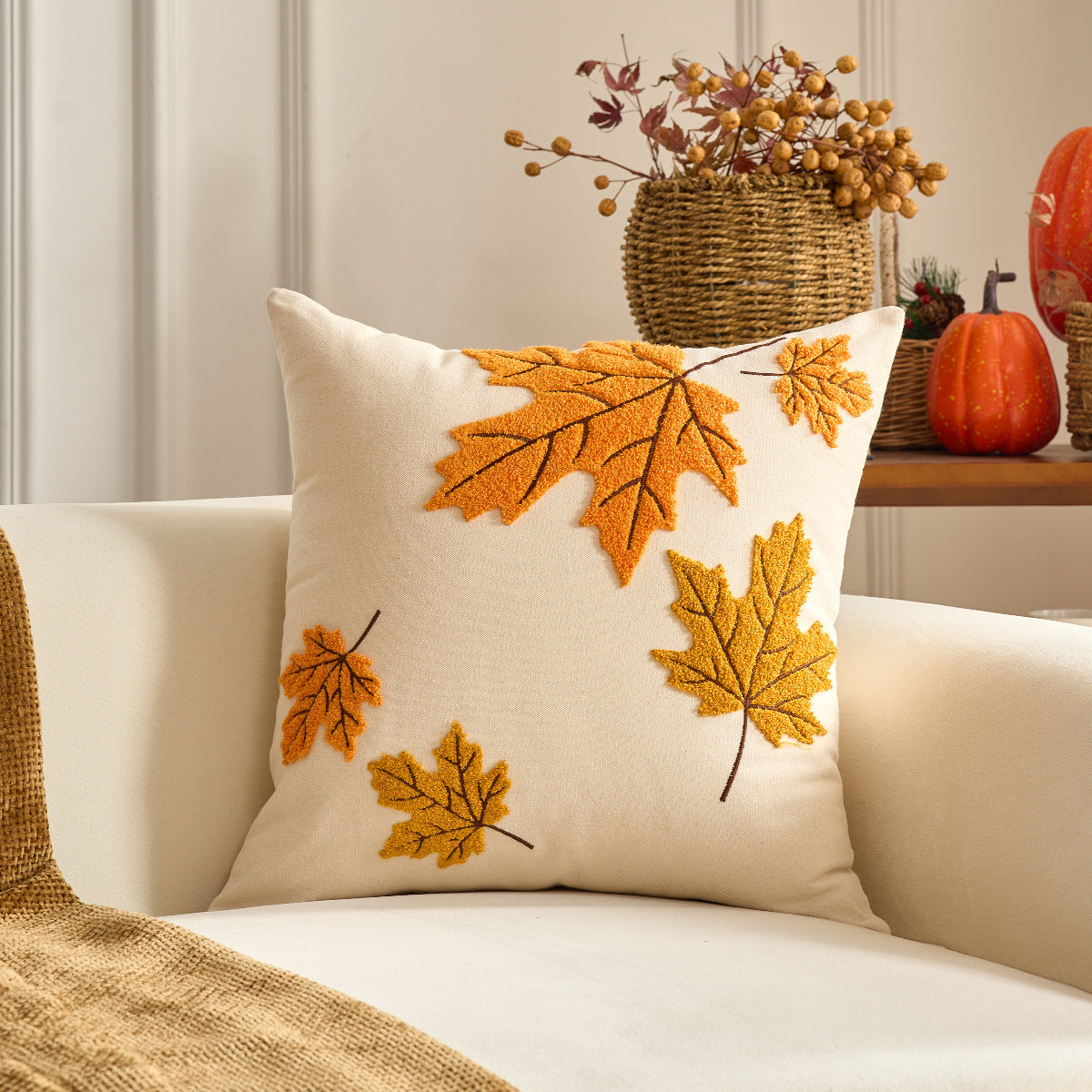 Autumn Maple Leaf Pumpkin Pillow Cover for Sofa & Living Room Decor