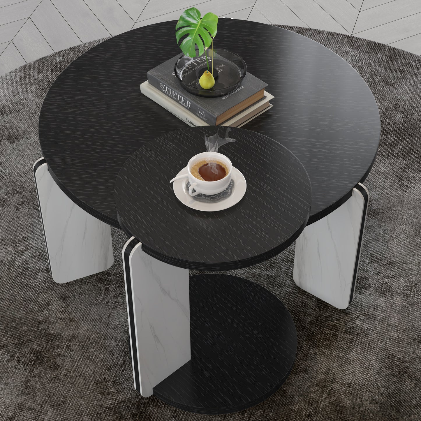 Round Coffee Table & End Table Set - Black Oak Veneer