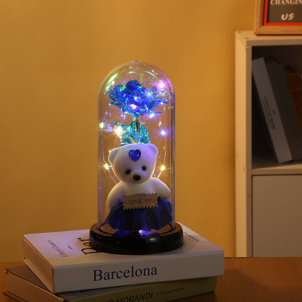 Rose Bear Preserved Flower Glass Cover with LED Light Valentine's Gift