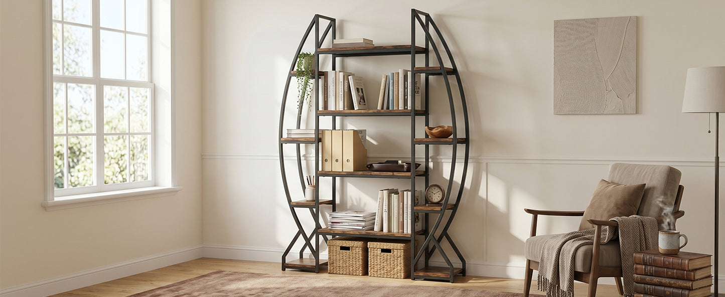 Industrial Oval Bookshelf - Vintage Metal & Wood Bookcase