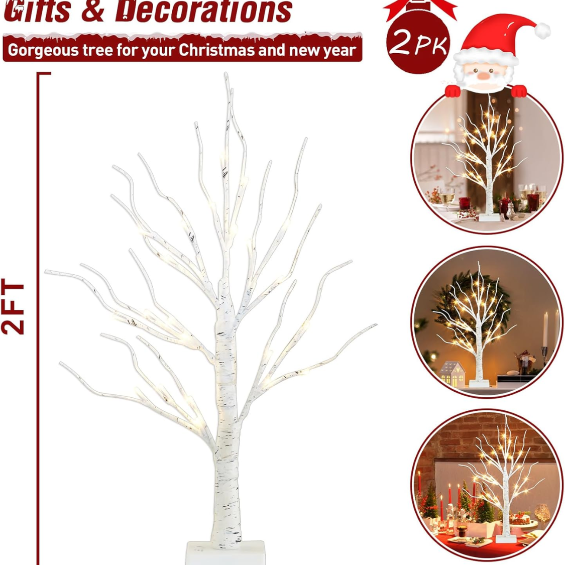 2FT Birch Tree with Warm White LED Lights - Christmas Decor
