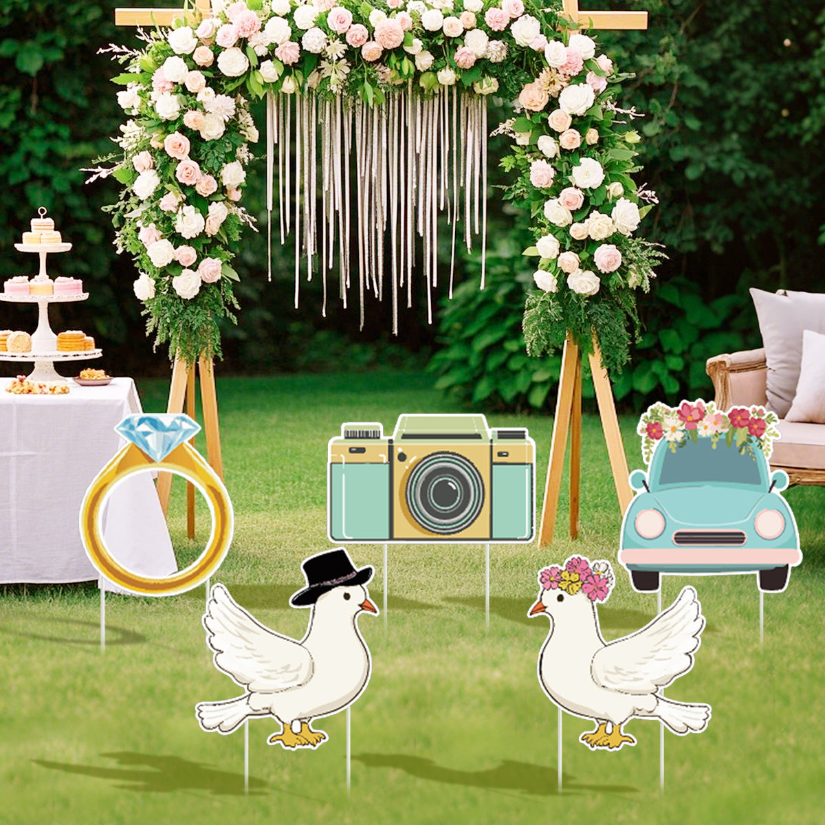 5-Piece Wedding Yard Sign Set with Stakes - White