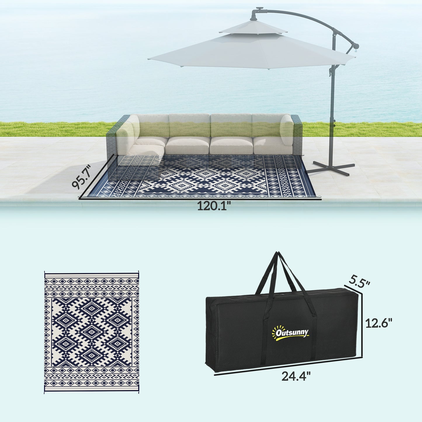 Reversible Outdoor Rug - Waterproof Plastic Straw, 8' x 10', Blue & White Rhombus