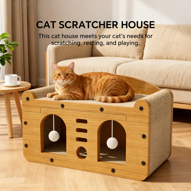 Large Double Door Cat Scratcher Sofa with 2 Teaser Balls - Yellow, 56cm