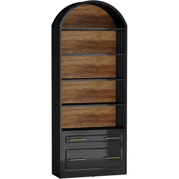 Elegant Tall Bookshelf with Arch Design and Storage Drawers