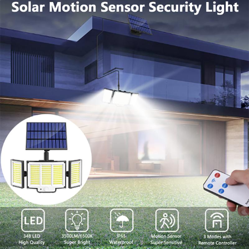 Outdoor Solar Motion Sensor Light 348 LEDs Waterproof 3-Head Security Lamp with Remote