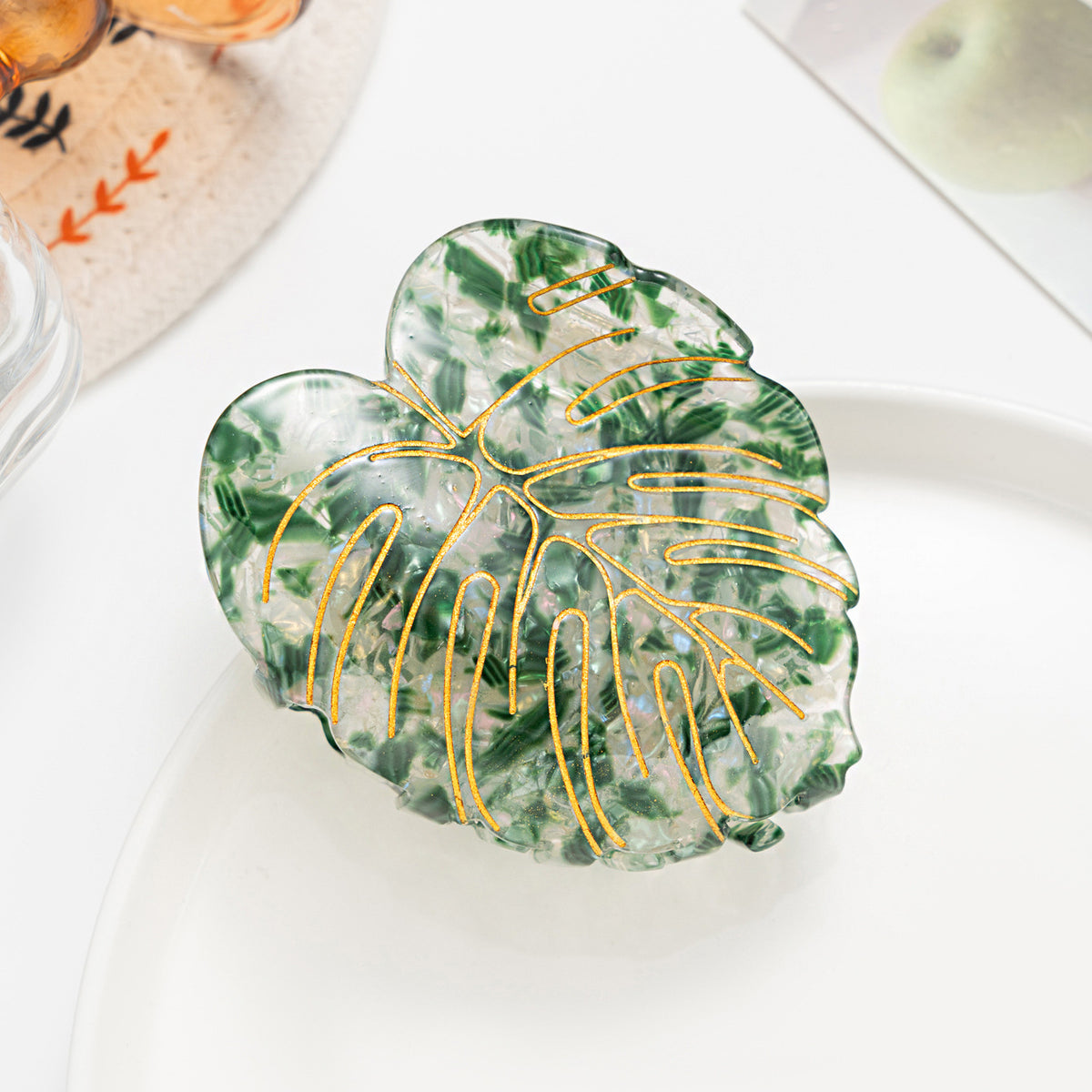 Versatile Leaf-Shaped Hair Clip for Women - Mori Style, Printed Leaves, 8cm