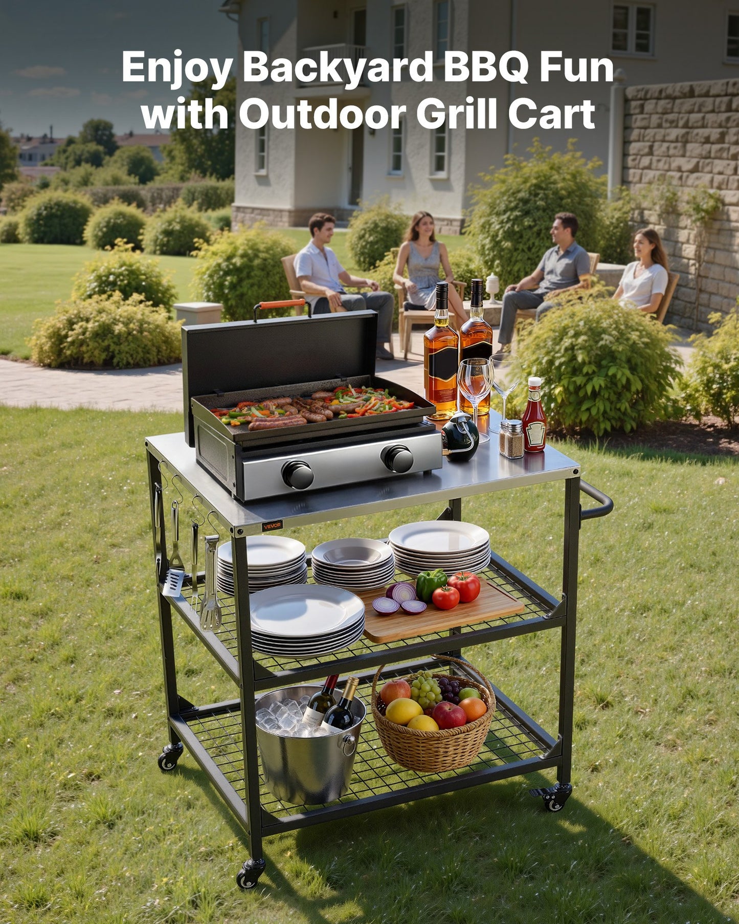 Outdoor Grill Cart with Stainless Steel Surface and 4 Wheels - Garden BBQ Prep Table