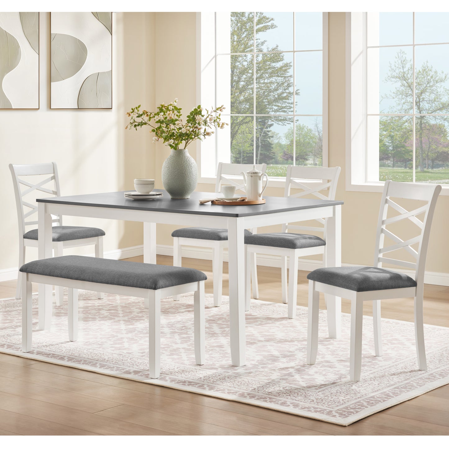 6-Piece Modern Dining Table Set with Bench - Grey & White