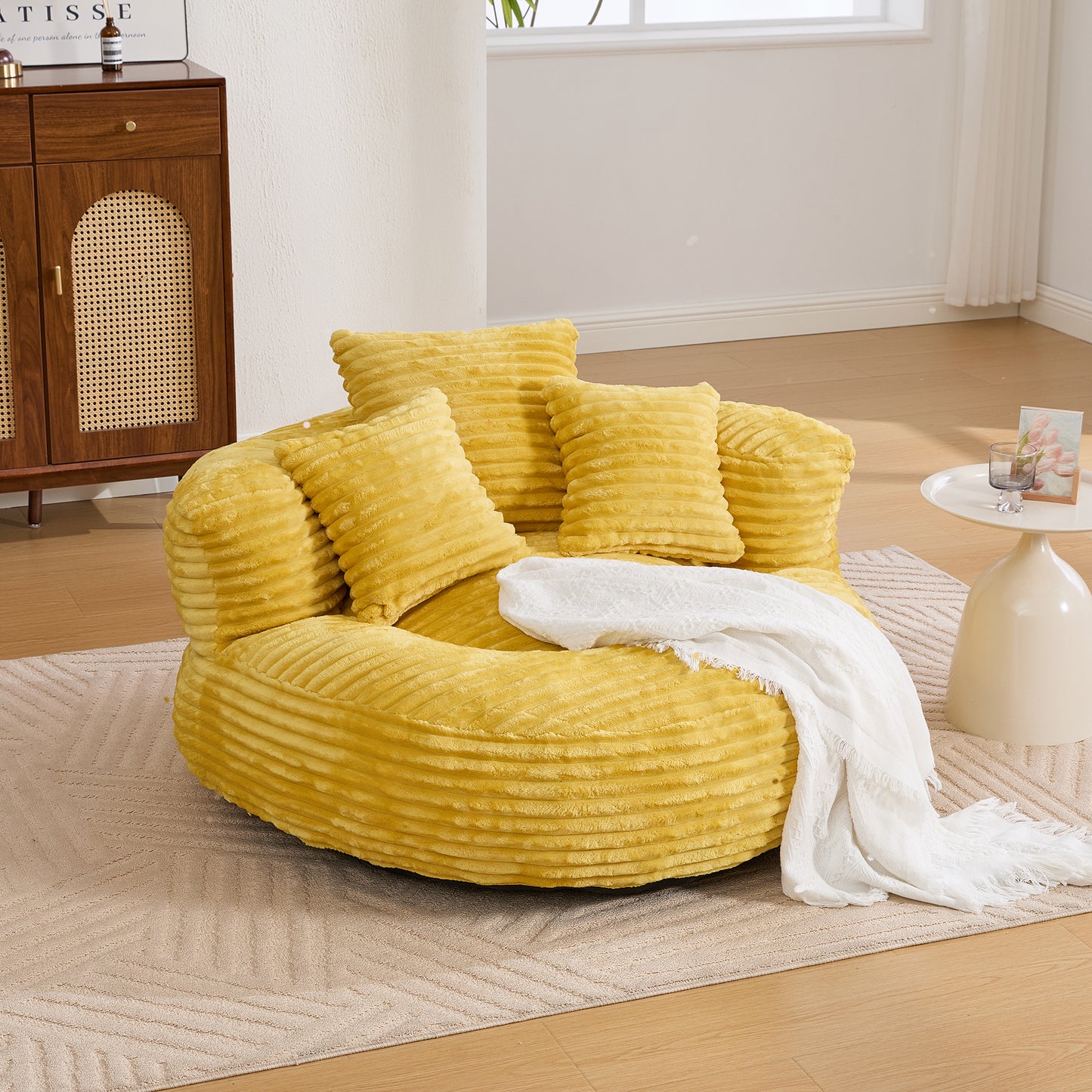 Oversized Corduroy Bean Bag Chair with 3 Pillows - Mustard Yellow