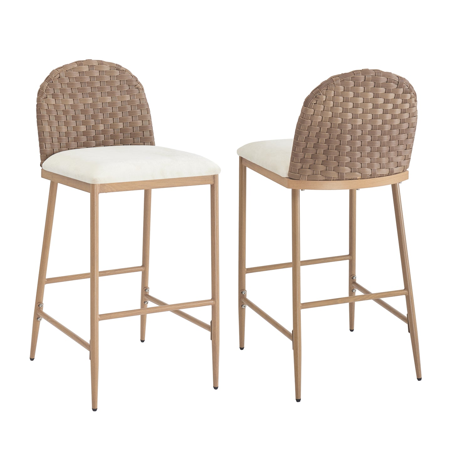 Farmhouse Barstools Set of 2 - Upholstered Iron Counter Stools with Rattan Backrest - Brown Beige