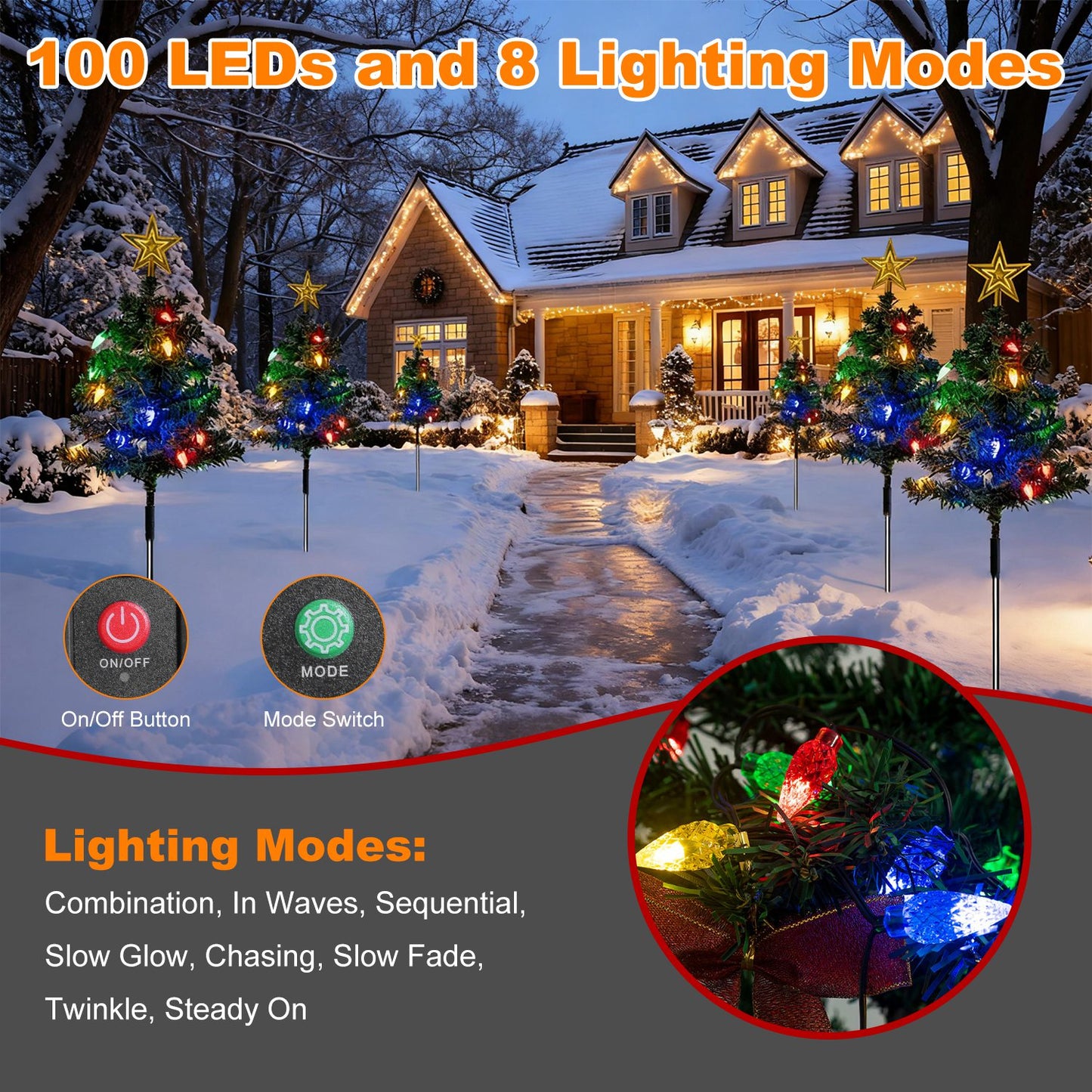 Solar Christmas Tree Lights - 37.4in Height, 100 LEDs, 8 Modes, 2 Pack