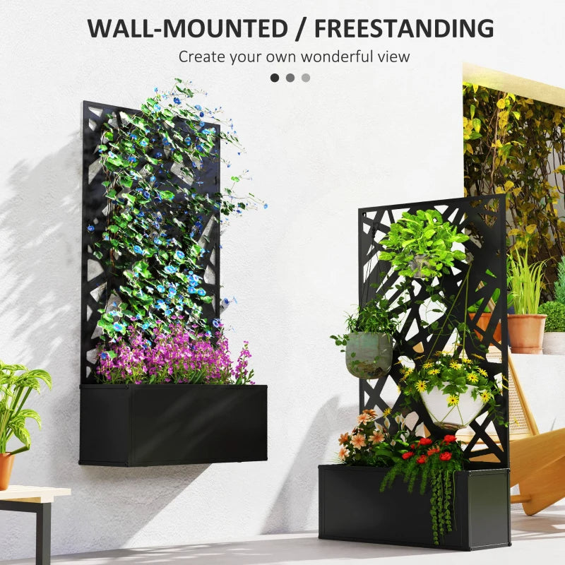 Metal Garden Planter Box with Decorative Privacy Screen - Wall-Mounted or Freestanding, 24 Inch Black