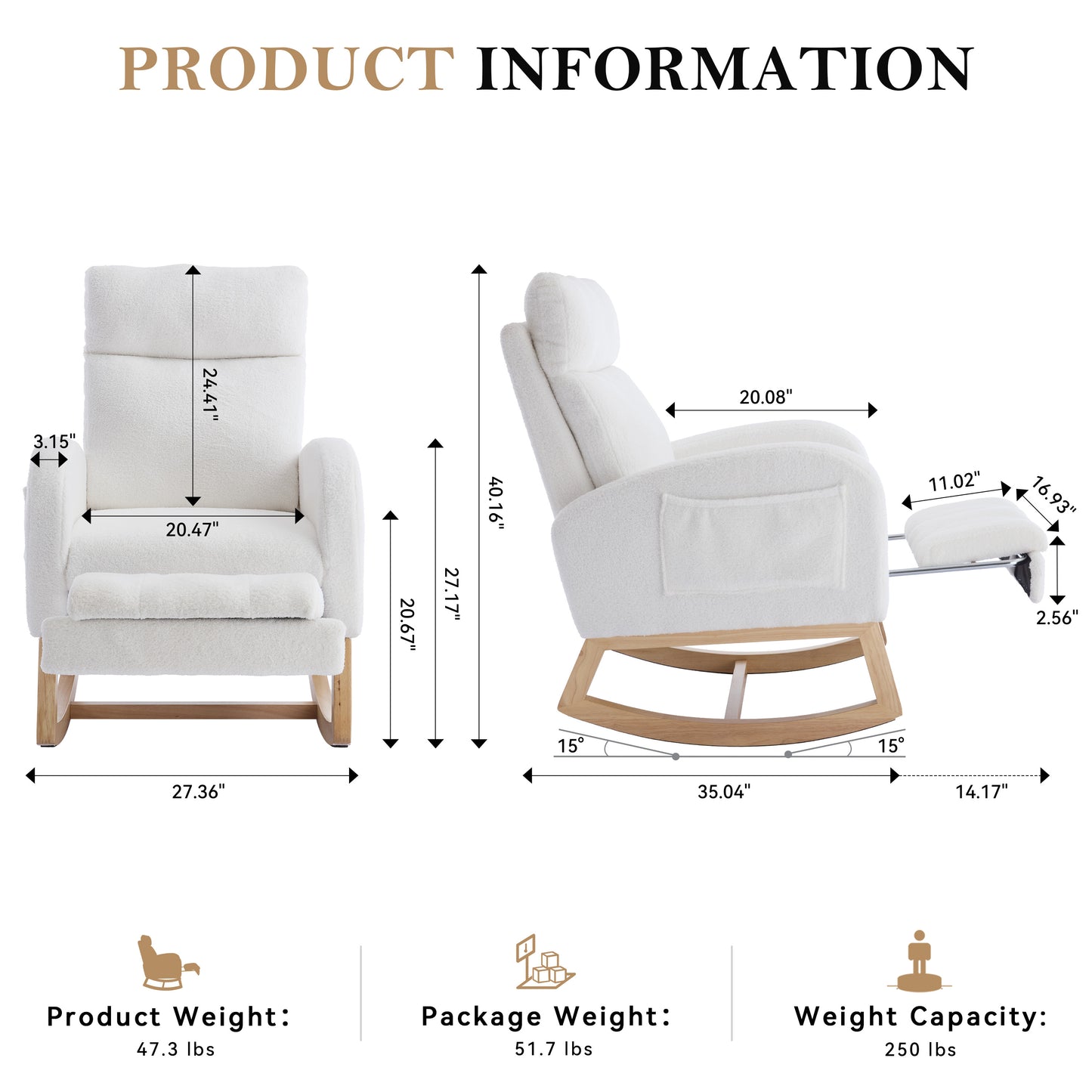 Teddy Fabric Rocking Chair with Adjustable Footstool - White