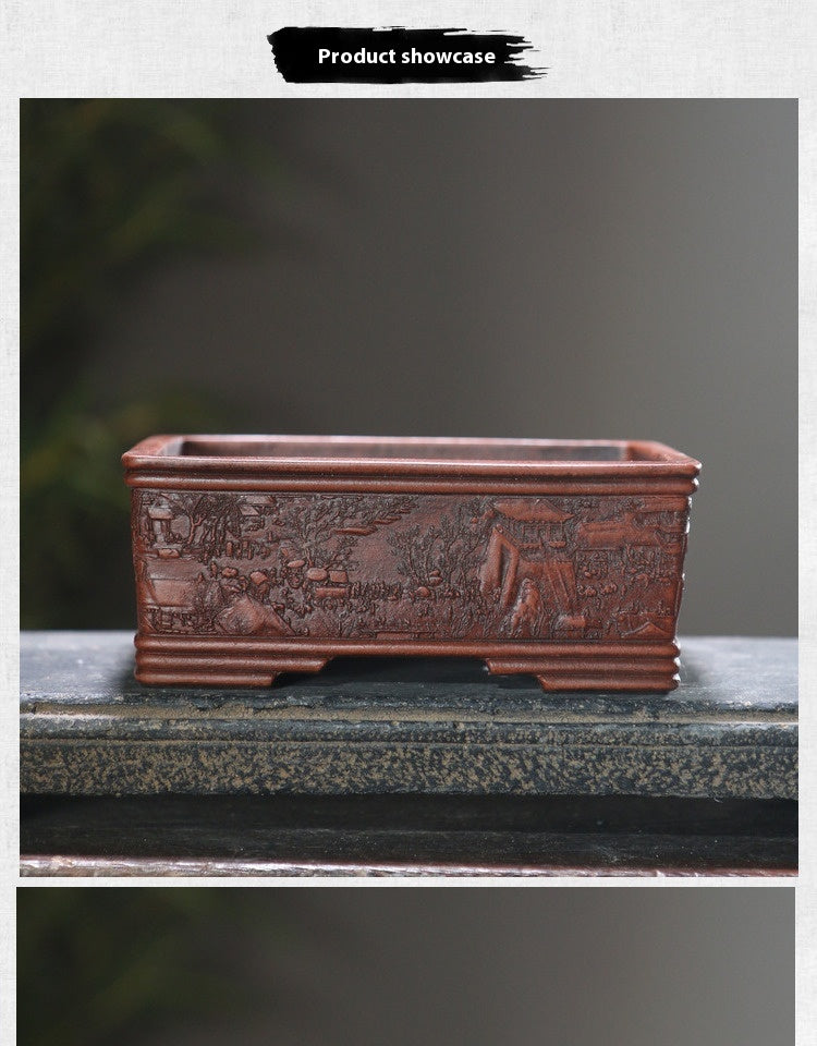 Rotating Rectangular Ceramic Flower Pot Set with Bamboo Basin - Classic Garden Decor