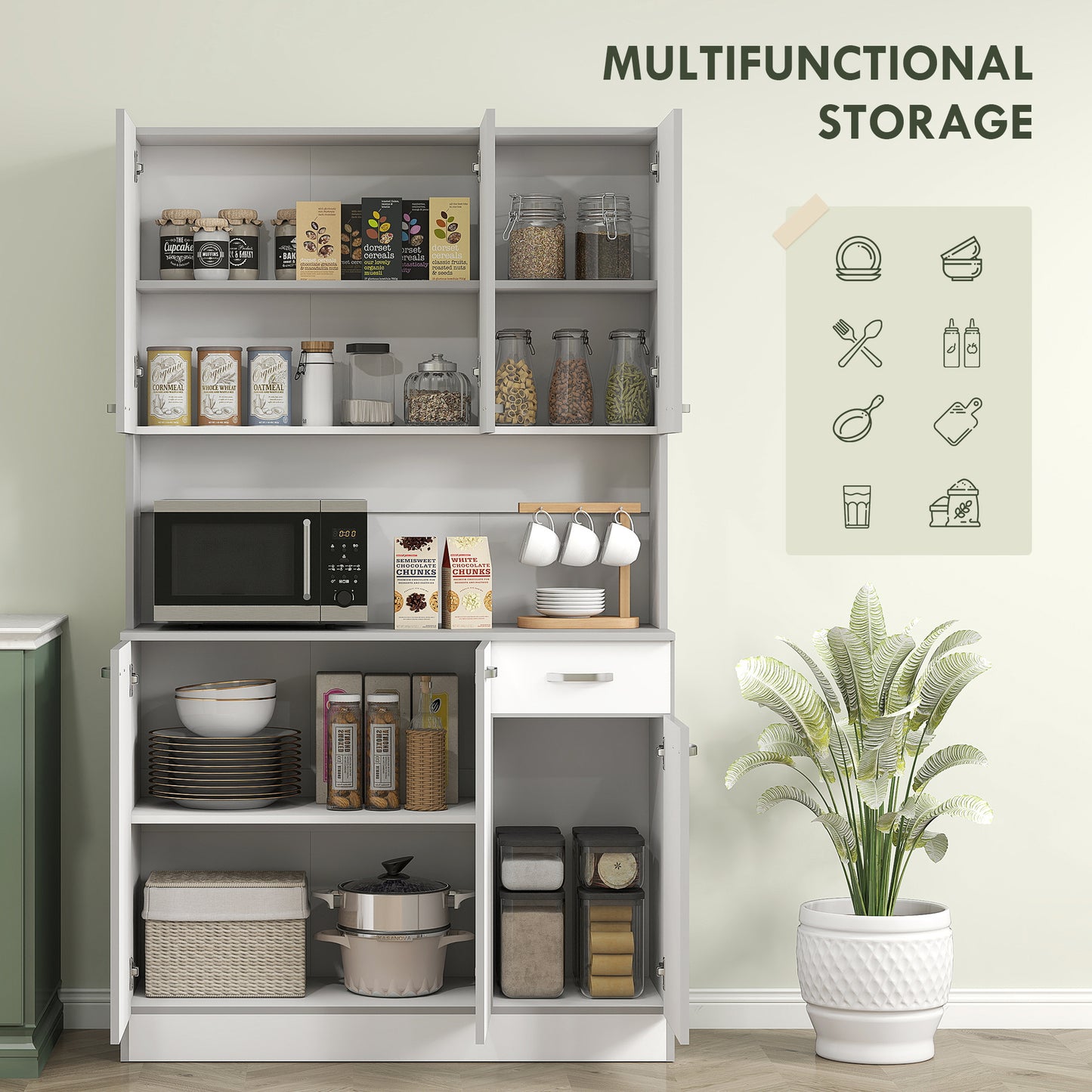 71" Modern Kitchen Pantry Cabinet with Microwave Stand - White