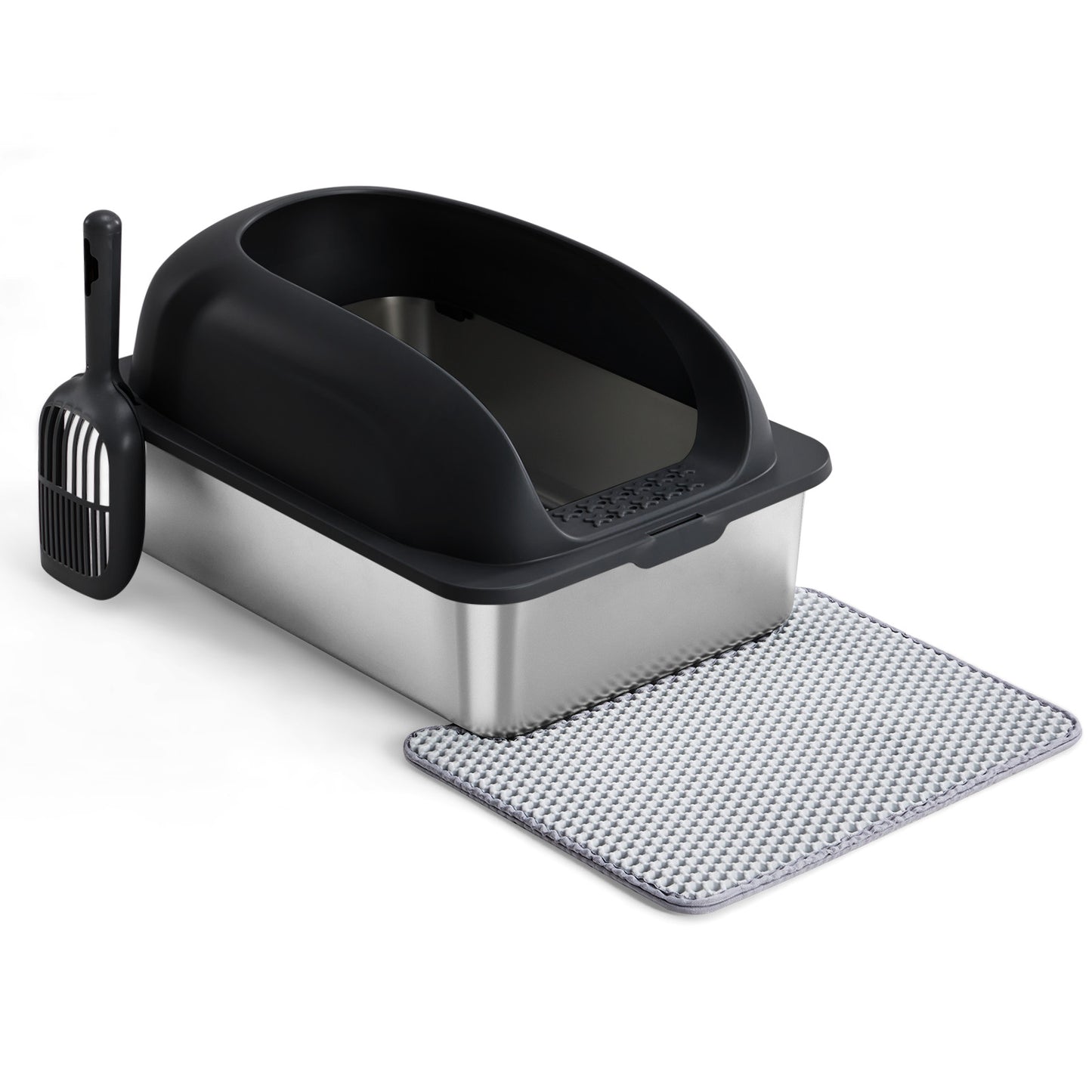 Large Stainless Steel Cat Litter Box with Lid, Odor-Free, Easy to Clean, Includes Scoop & Mat