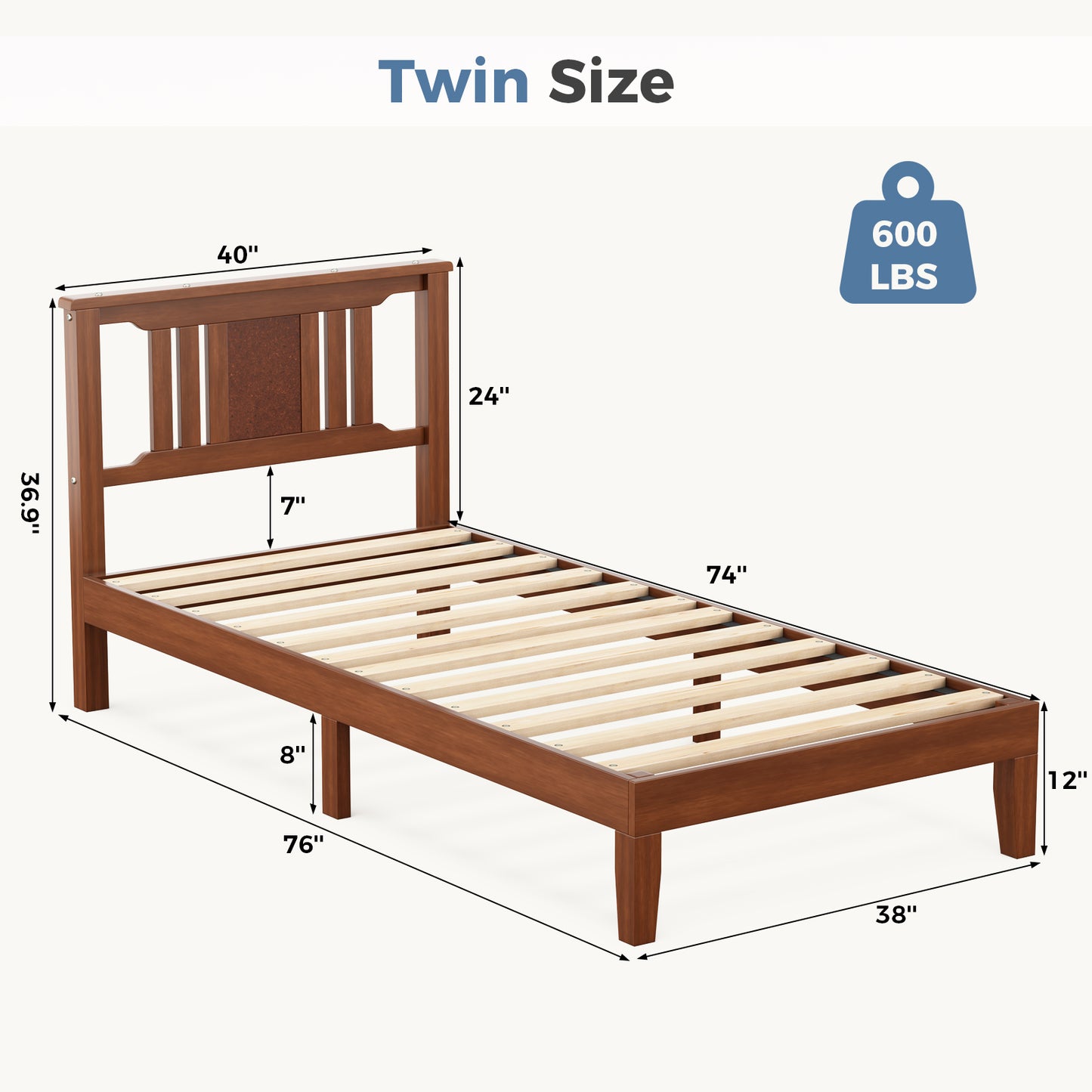 Sturdy Solid Wooden Bed Frame with Headboard - Multiple Sizes