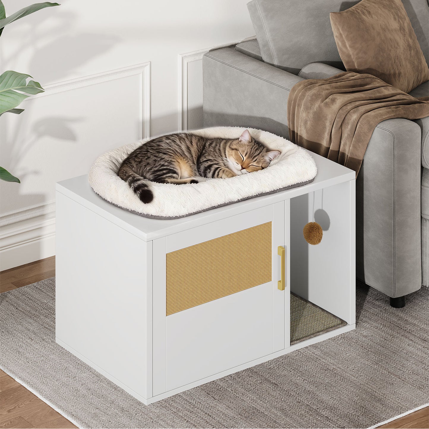 Multifunctional Cat Litter Box Cabinet with Odor Control & Side Table - White