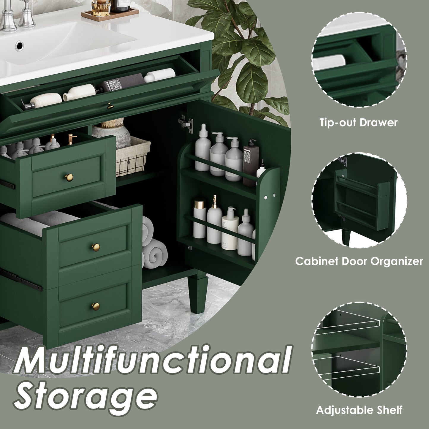 36'' Modern Bathroom Vanity with Sink & 3 Drawers - Garnet/Green