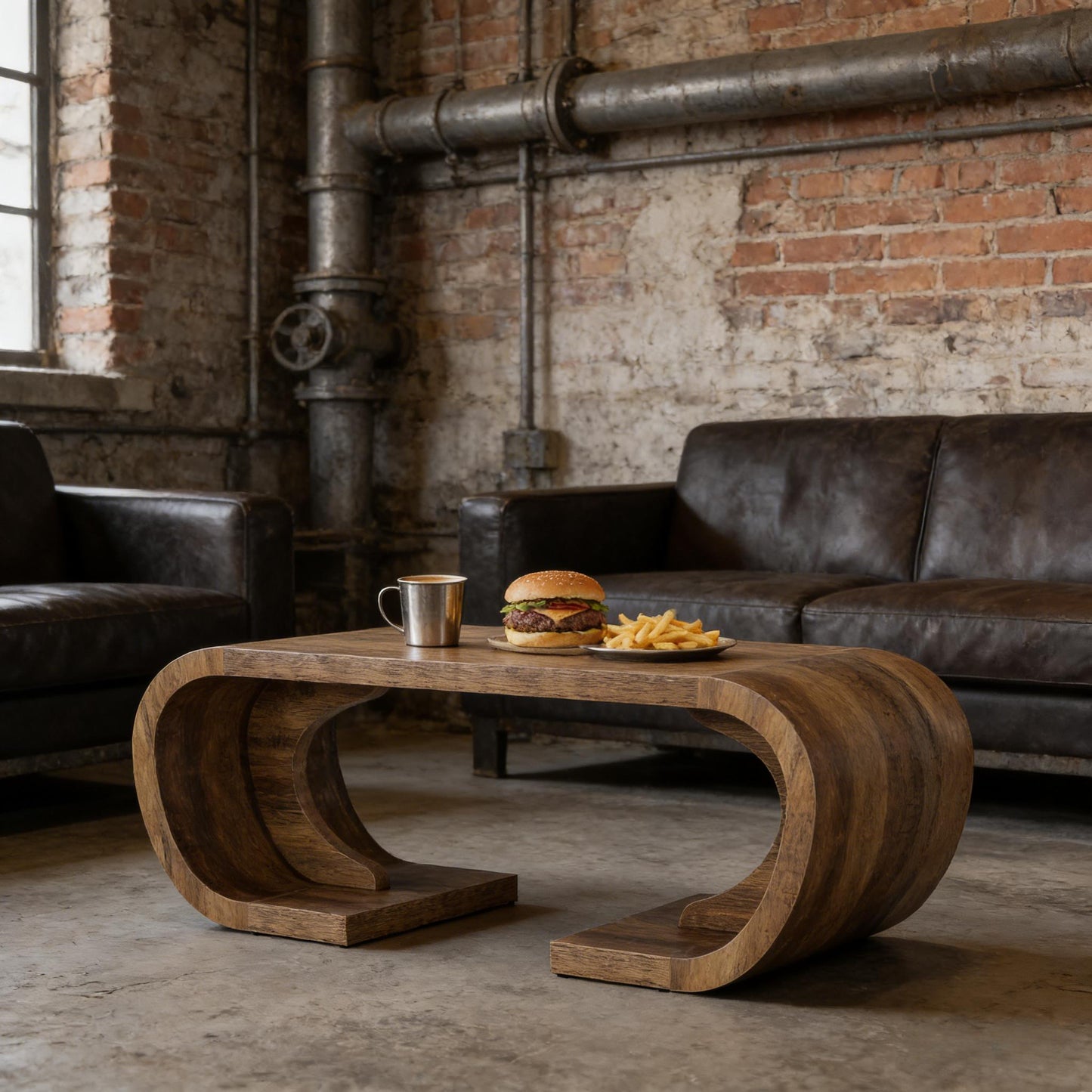 C-Shaped Coffee Table - Artistic Wooden Center Table, Brown