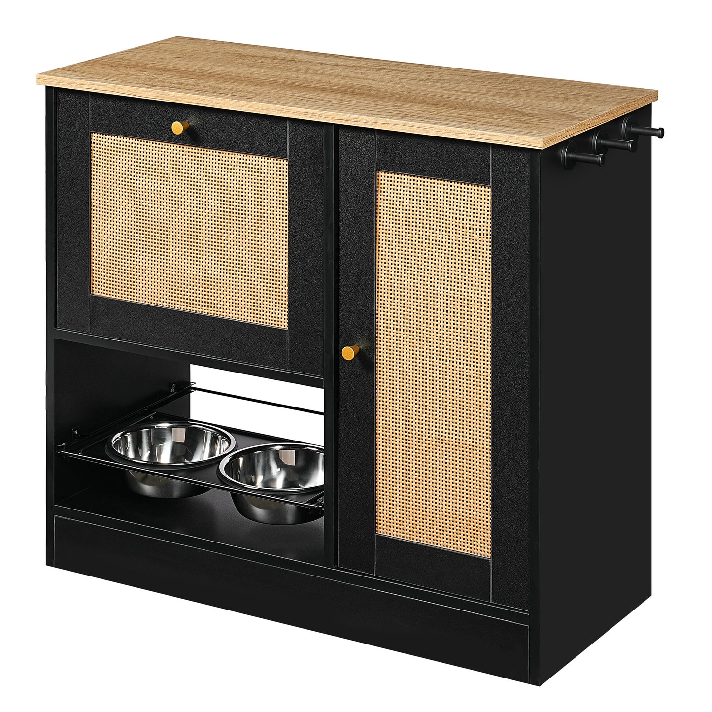 Elevated Pet Feeding Station with 2 Lockers & Side Hooks - Black+Vintage